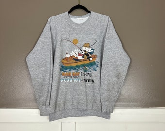 Vintage Airwaves Sweatshirt, Late 1980s Funny Work Fishercat Graphic Print, Raglan Sleeves, Pullover Sweatshirt, Heather Gray, Size Large