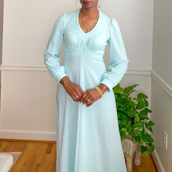 1970s vintage sea foam puff sleeve maxi dress | sm