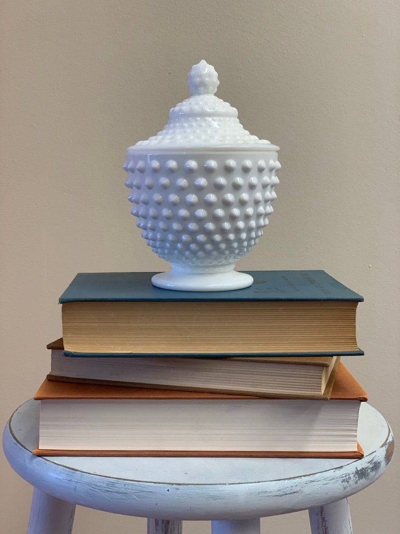 vintage 1960s hobnail white milk glass dish and lid