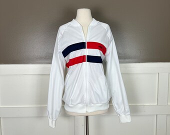 Vintage Adidas Jacket, 1980s White Full-Zip Athletic Track Jacket with Embroidered Trefoil Logo, Made in the U.S.A., Size Large