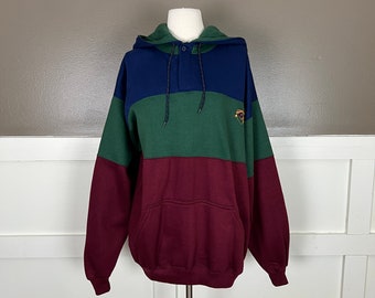 Colorblock Hoodie, 1990s Vintage Pullover Sweatshirt, Red, Green, Maroon, Size Extra Large (XL)