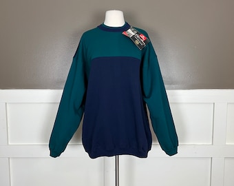 1990s Hanes Vintage Colorblock Signature Sweatshirt, Navy/Blue and Green, Deadstock, Size XL