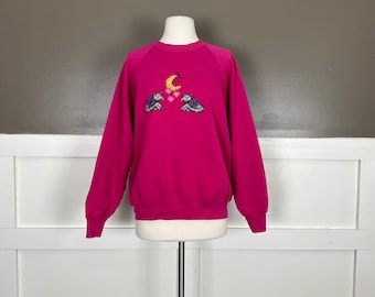 Vintage Raglan Sweatshirt with Cross Stitched Cats, Pink, Fruit of the Loom, Size Extra Large (XL)