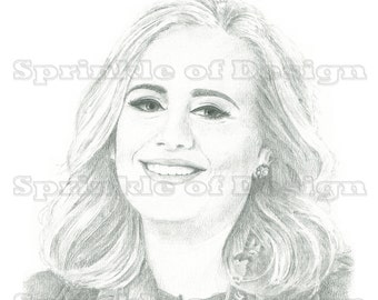 May include: A black and white pencil drawing of a woman with blonde hair, wearing a patterned scarf and smiling.