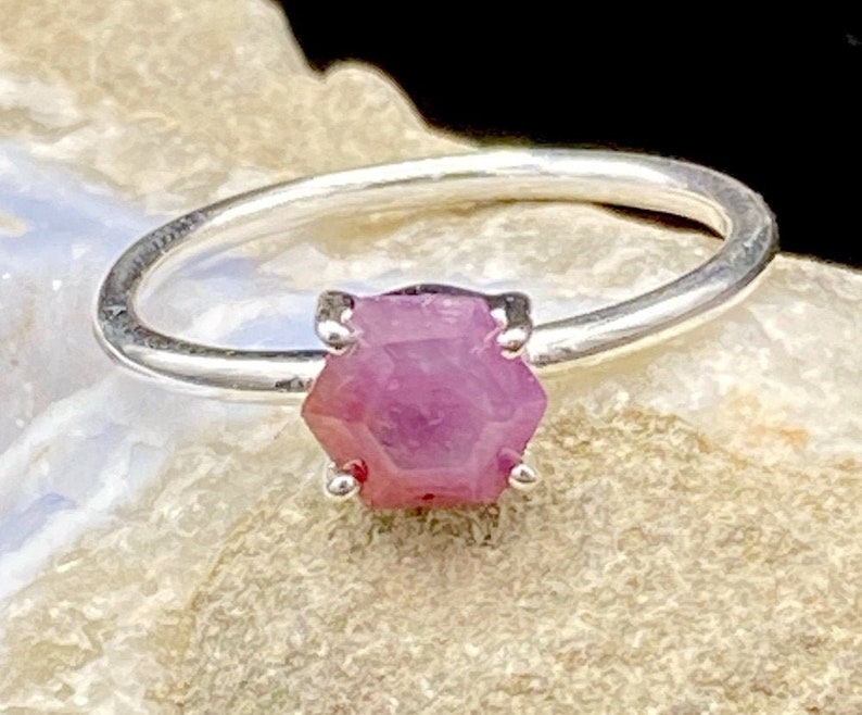 Engagement Ring Rare Pink Sapphire Ring Sterling Silver Hexagonal Gemstone Faceted Ring Sterling silver Ring Gift for her Dainty Ring