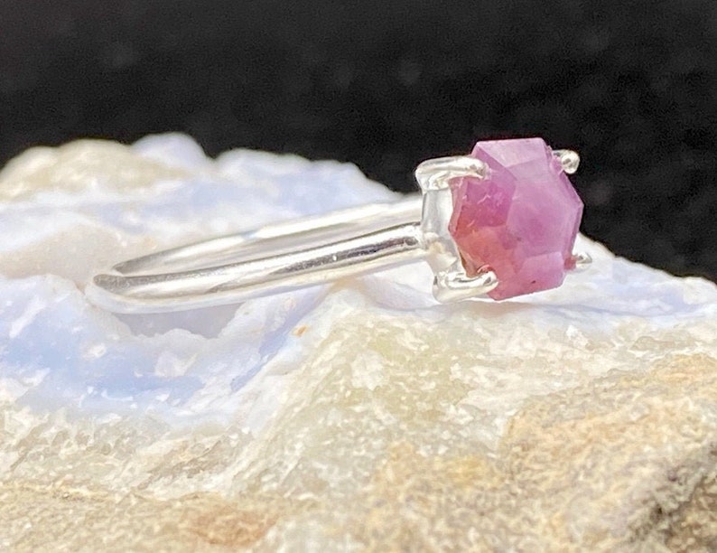 Engagement Ring Rare Pink Sapphire Ring Sterling Silver Hexagonal Gemstone Faceted Ring Sterling silver Ring Gift for her Dainty Ring