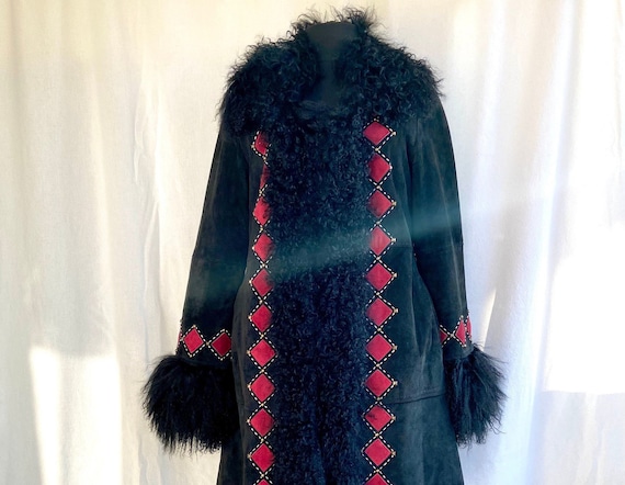 Vintage genuine suede with afghan mongolian fur l… - image 1