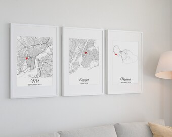Met Engaged Married Map First Anniversary Gift for Wife, One Year Anniversary Gift for Husband Him Men, Hello Will You I Do Map Gift for Her