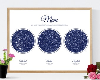 Night Sky Christmas Gift for Mom, Personalized Star Chart Holiday Gift for Wife Her, Custom Star Map Gift for Mother from Daughters, New Mom
