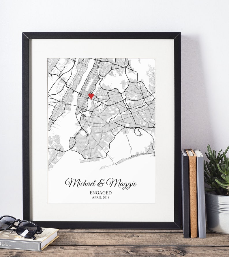 Personalized Engagement Gift for Couple, Engagement Map Art Print, Wedding Gift for Husband, Anniversary Gift for Wife, Custom Gift for Him image 1