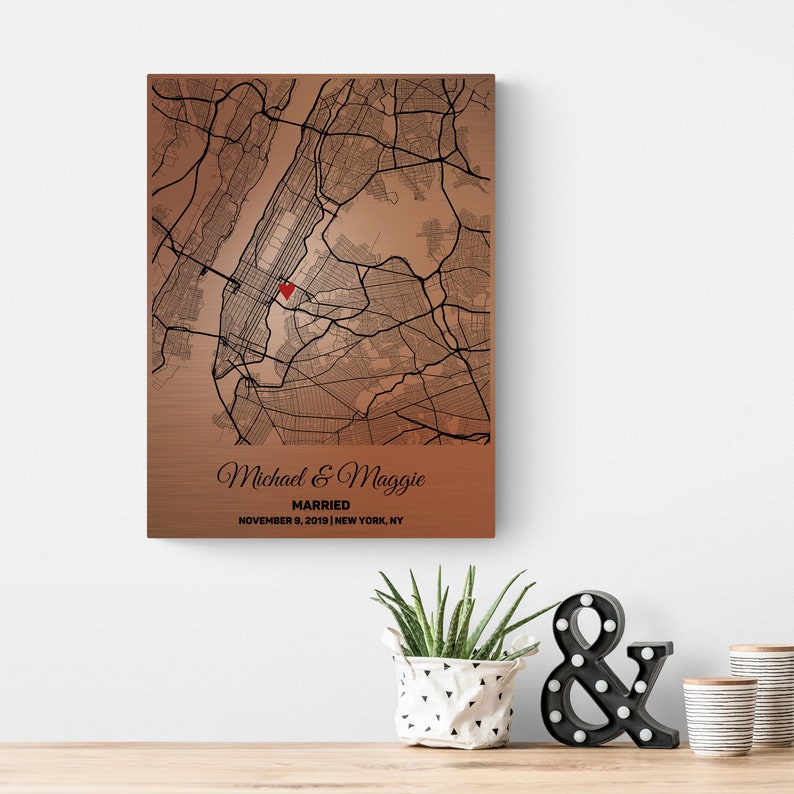 Copper Anniversary Gift for Wife, 7th Anniversary Gift for Husband Him Men, Seven 7 Year Wedding Anniversary Gift for Her, Wedding Map Gift image 1