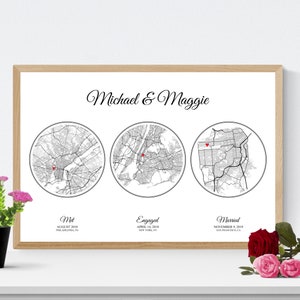 Met Engaged Married Map Art Set, One Year Anniversary Gift for Husband, First Wedding Anniversary Gift for Wife, Paper Anniversary for Her