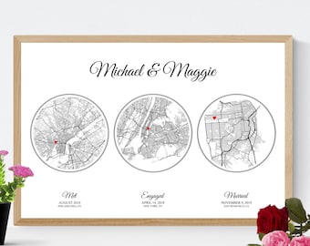 Met Engaged Married Map Art Set, One Year Anniversary Gift for Husband, First Wedding Anniversary Gift for Wife, Paper Anniversary for Her