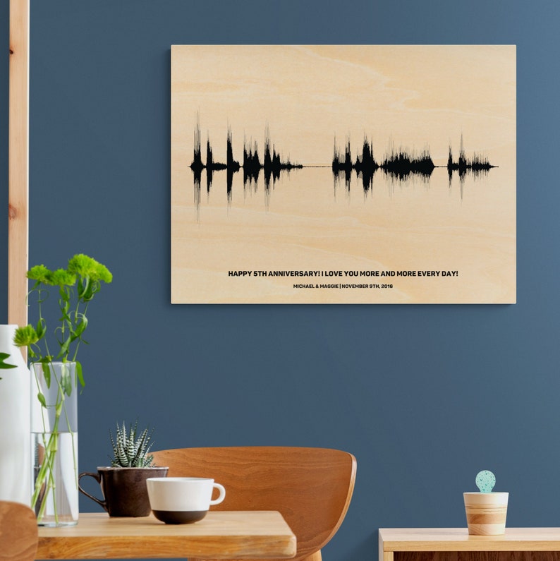 5th Anniversary Gift Soundwave Art Print Gift for Him, 5 Year Anniversary Wood Anniversary Gift for Husband Men, Wood Gift for Wife Her image 1