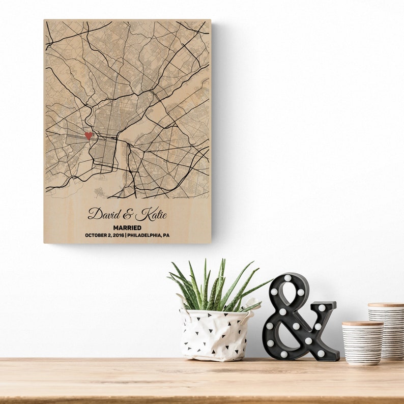 5th Anniversary Gift Wedding Map Art Print Gift for Him, 5 Year Anniversary Wood Anniversary Gift for Husband Men, Wood Gift for Wife Her image 1