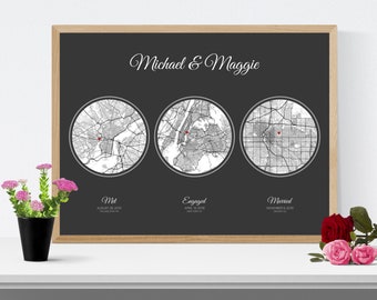 First Anniversary Gift for Husband, Met Engaged Married Map Art Print, 1st One Year Anniversary Gift for Wife, Paper Anniversary for Her