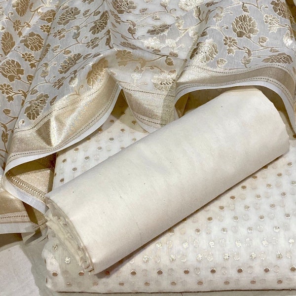 White Chanderi Silk Cotton Salwar Kameez Fabric With Dupatta - Banrasi Chanderi Silk Fabric - Rakhi Gift for sister - Indian Rakhi Gifts