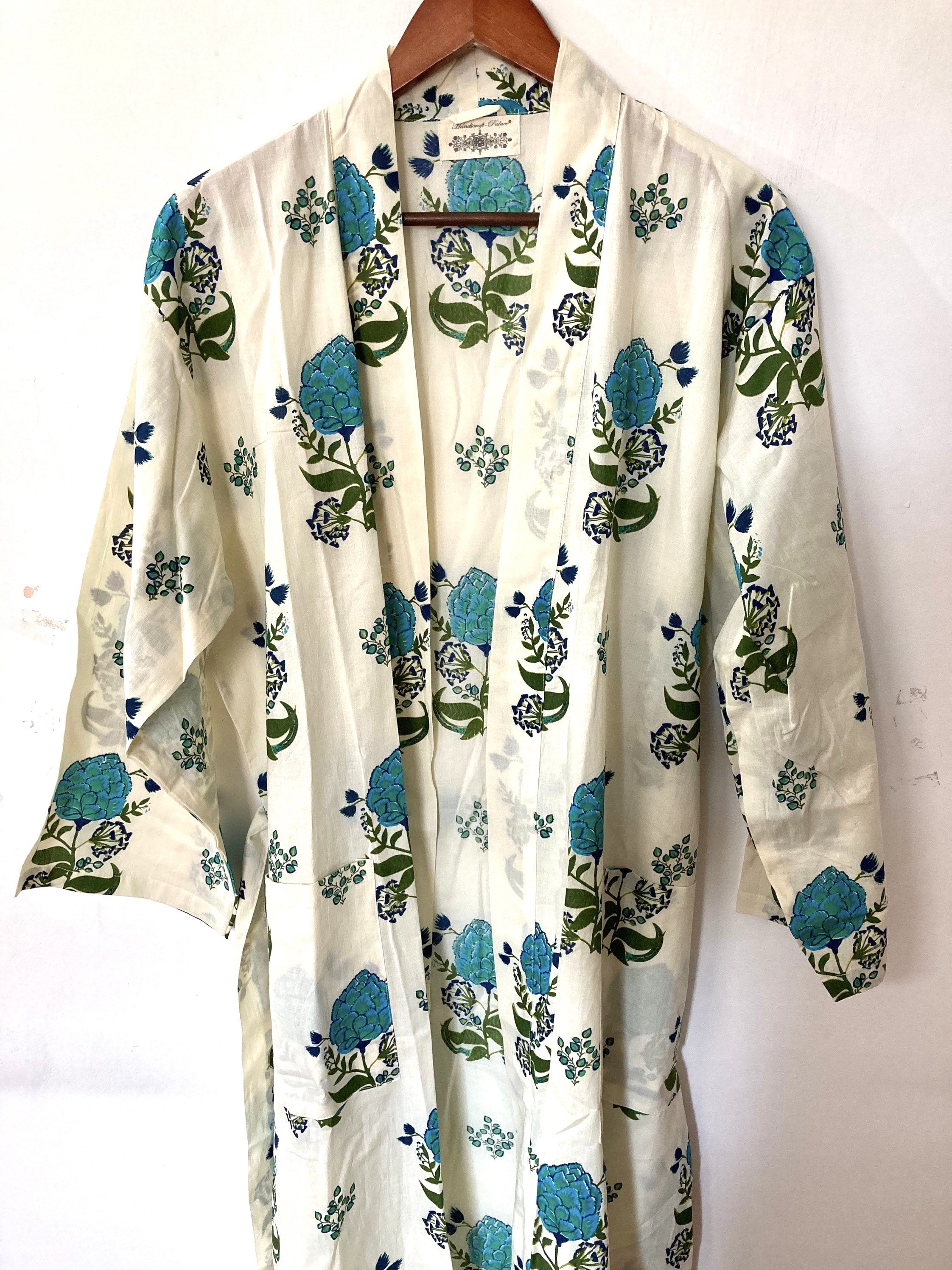 White Blue Cotton Robe Block Print Cotton Robe Cotton Etsy