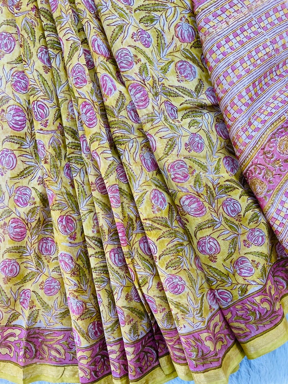 Yellow Chanderi Silk Cotton Saree Hand 
