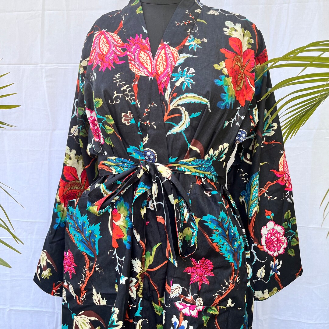 Black Red Cotton Robe Dressing Robe Bridal Robe Robe for Women Bathrobe ...