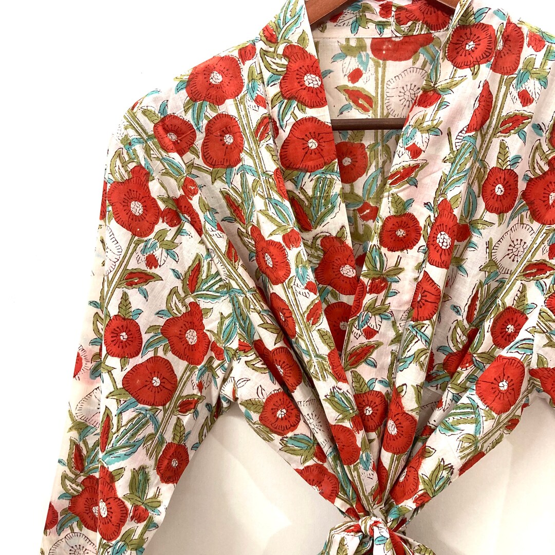 White Red Cotton Robe Dressing Robe Bridal Robe Robe for Women Bathrobe ...