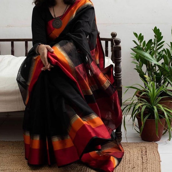 Black Maheshwari Silk Saree - Zari Border Saree - Saree With Blouse - Saree For Women - Indian Saree - Sari