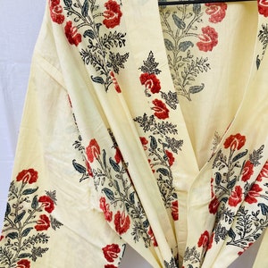 White Floral Block Print Cotton Kimono Robe - Block Print Robe - Cotton Kimono - Bath Robe - Summer Robe - Cotton Weavers