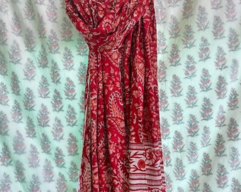 Red Floral Block Print Cotton Scarf - Long cotton scarf - Scarves for Women - Indian Dupatta - Linen Scarf - Cotton Sarong  scarf Beach