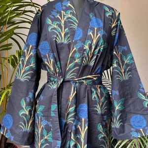 Blue Block Print Cotton Robe - Loose Robe - Robe Kimono - Cotton Weavers - Cotton Kimono - Beach cover up - Cotton Robe - Bath Robe