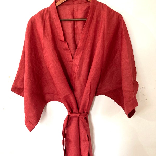 Red Robe Kimono - Summer Kimono - Beach Cover up - Red Linen Kimono Robe - Linen Kimono Robe