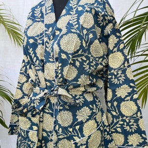 Blue Cotton Robe - Cotton Kimono - Block Print Robe - Cotton Kimono - Beach Cover Up - Lounge Wear - Night Cover Up Robe - Casual wear