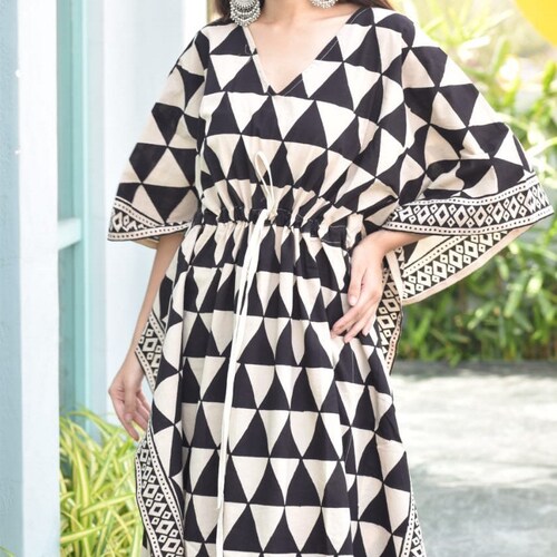 White - Hand Block Printed Cotton Kaftan with Tie-Up Waist (Short)