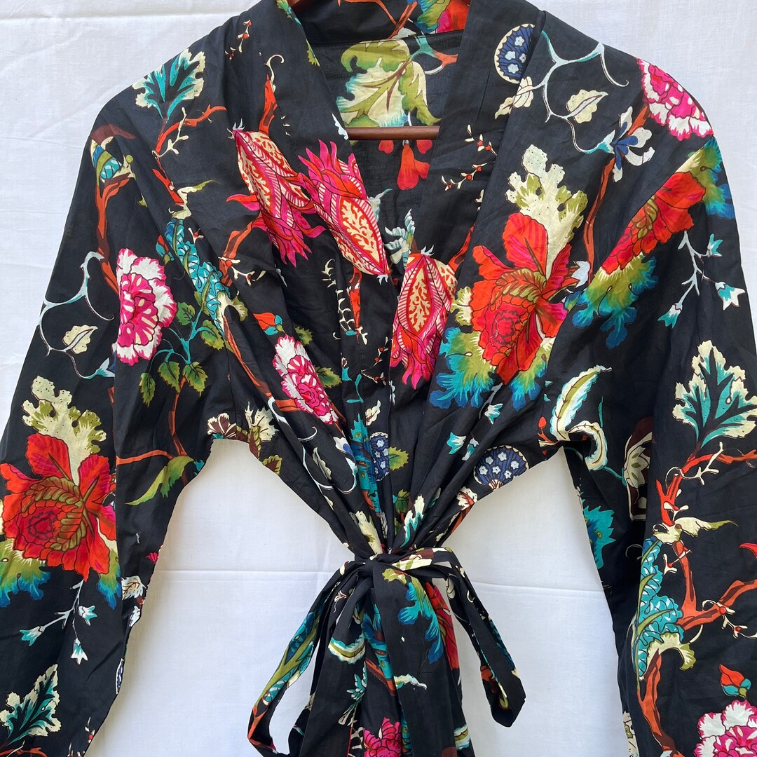 Black Red Block Print Cotton Kimono Robe, Robe for Women, Cotton Robe ...