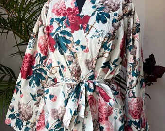 Witte bloemen katoenen gewaad - katoenen gewaad voor vrouwen - kimono gewaad - bruidsgewaad - bruidsmeisje gewaad - loungewear gewaad - unisex gewaad