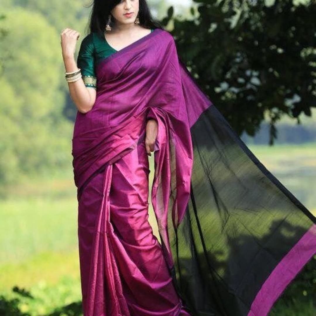 Purple Black Handloom Silk Cotton Saree Saree With Blouse -  Canada