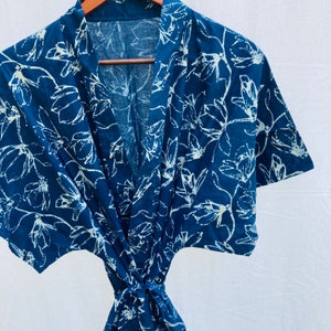 Indigo Block Print Cotton Kimono Robe - Cotton Kimono - Summer Kimono - Block Print Kimono - Kimono Robe - Loungewear