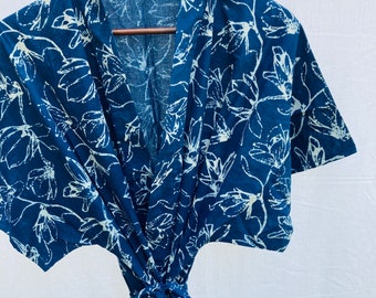 Indigo Block Print Cotton Kimono Robe - Cotton Kimono - Summer Kimono - Block Print Kimono - Kimono Robe - Loungewear