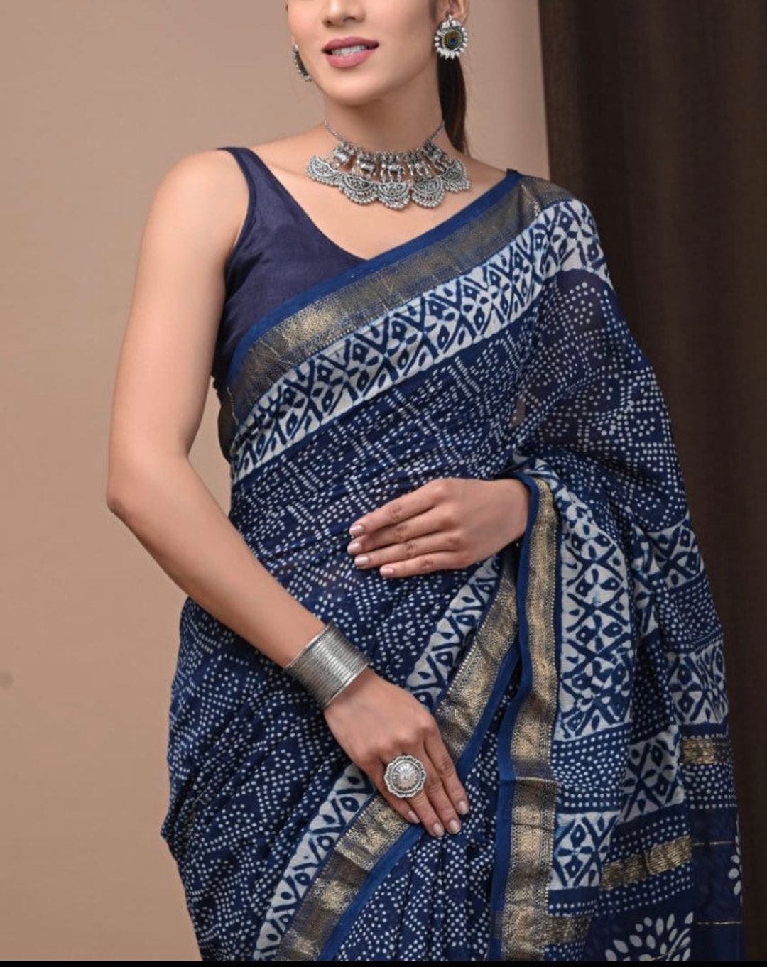 Buy Indigo Chanderi Silk Saree Saree With Blouse Silk Cotton ...