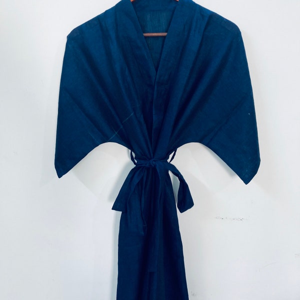 Indigo Linen Cotton Kimono Robe - Kimono Jacket - Summer Robe - Swim Coverup - Long Robe - Cotton Weavers