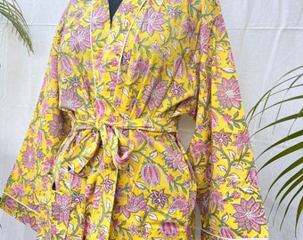 Floral Block Print Cotton Kimono robe For Women, Dressing Robe, Summer Robe, Bathrobe, Loungewear, Cotton Kimono Robe, Cotton Weavers