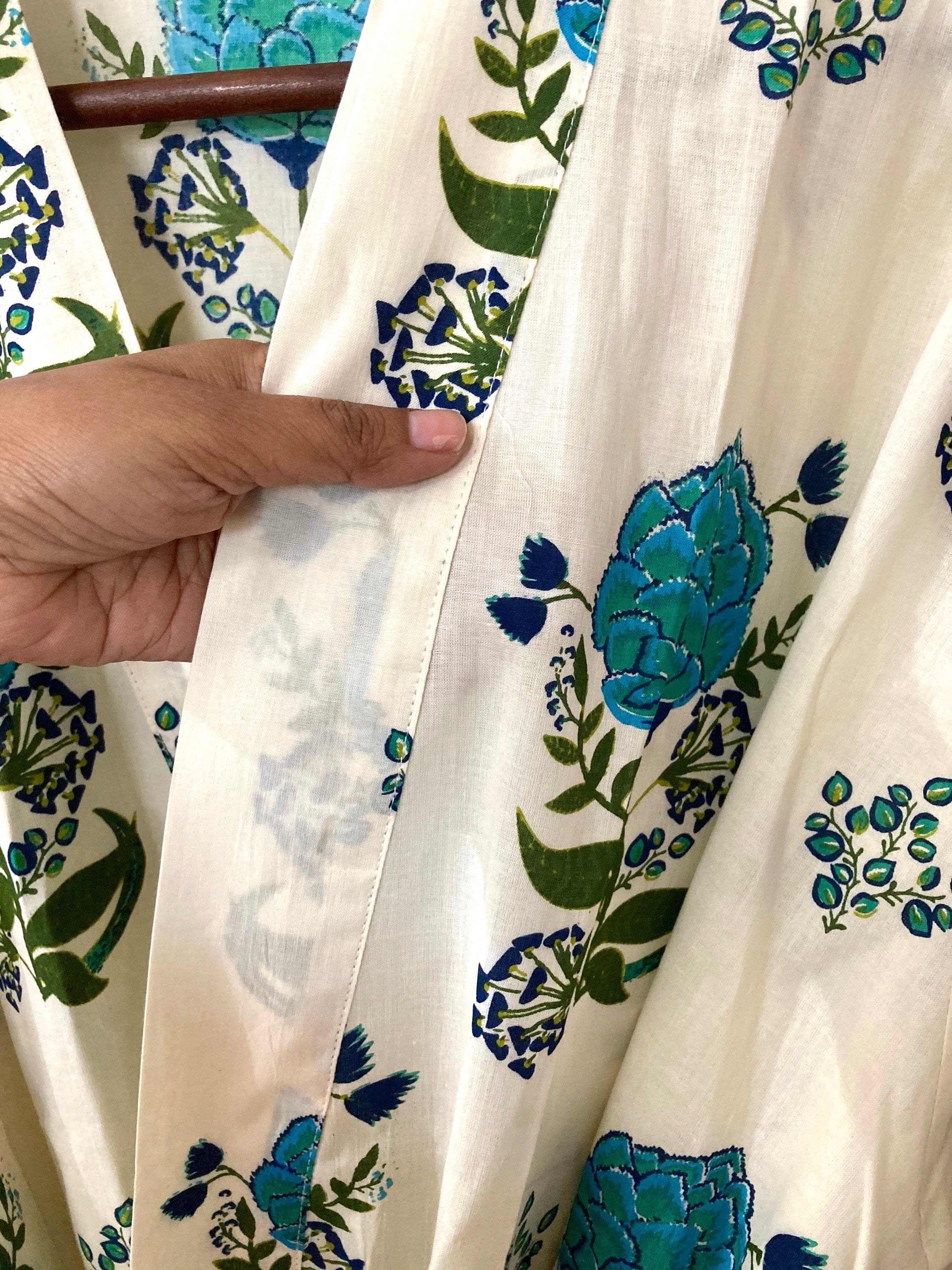 White Blue Cotton Robe Block Print Cotton Robe Cotton Etsy