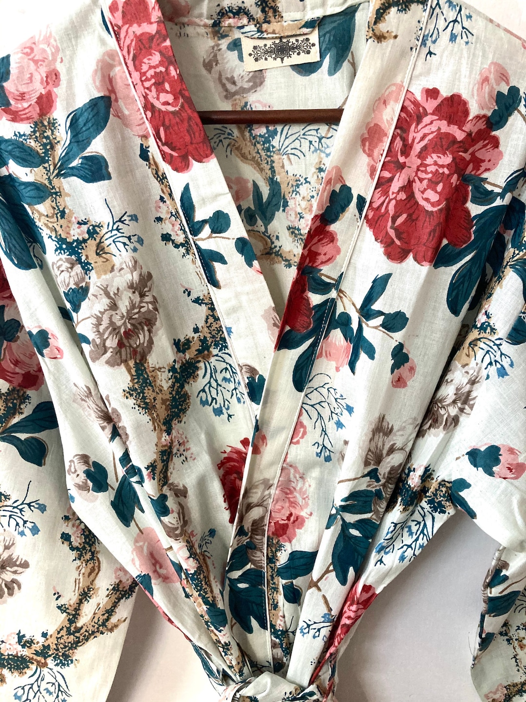 White Floral Block Print Cotton Robe Kimono Cotton Bath Robe Wedding ...