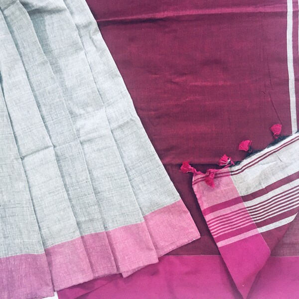 Saree en coton violet gris - Saree avec chemisier - Saree pour femme - Indian Saree - Handloom Saree - Bengal Cotton Saree - Sari