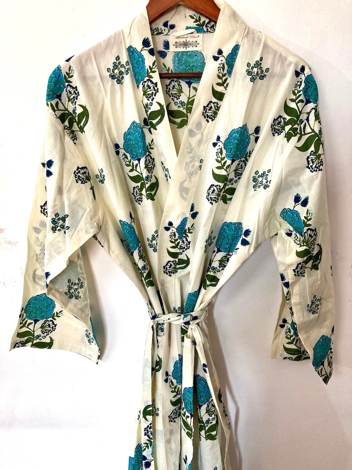 White Blue Cotton Robe Block Print Cotton Robe Cotton Etsy