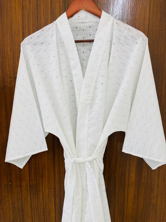 White Cotton Kimono Robe Boho Cotton Robe Beach Cover up Etsy