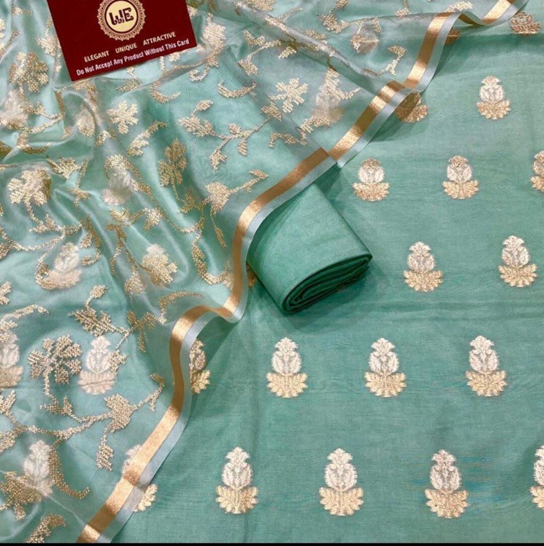 Green Banarasi Chanderi Silk Cotton Salwar Kameez Fabric With Dupatta