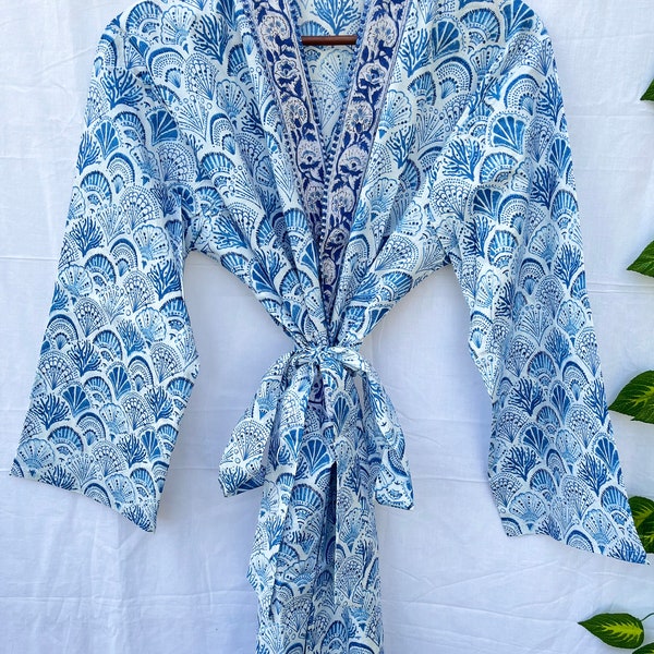 Blue Cotton Kimono Robe For Women, Bridal Robe, Wedding Robe, Unisex Cotton Robe, Indian Dressing Gown, Cotton Bathrobe, Beach Cover up Robe