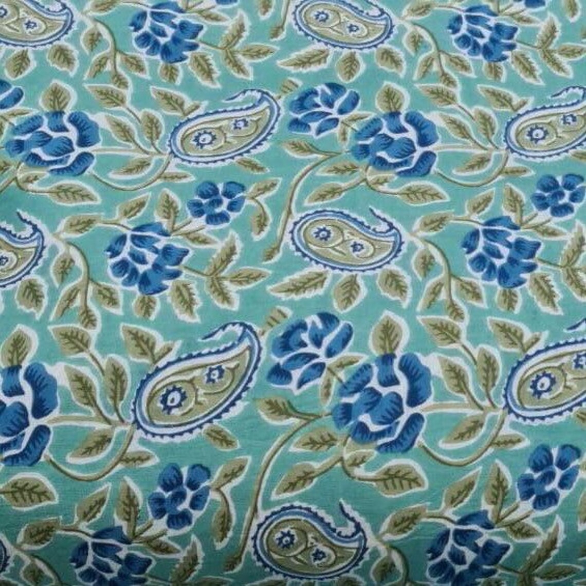 Green Blue Block Print Fabric Cotton Fabric Fabric By the | Etsy