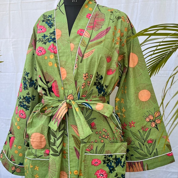 Green Block Print Cotton Kimono Robe For Women, Dressing Gown, Cotton Kimono Robe, Beach Cover up, Loungewear, Maternity, Indian Cotton Boho