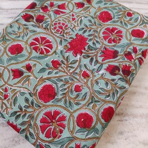 Green Red Cotton Block Print Fabric - Fabric by the meter - Fabric by the yard - Cotton Weavers